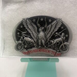 Dual Motorcycle with Eagle "LIVE TO RIDE*RIDE TO LIVE". Vintage Metal Belt Buckl